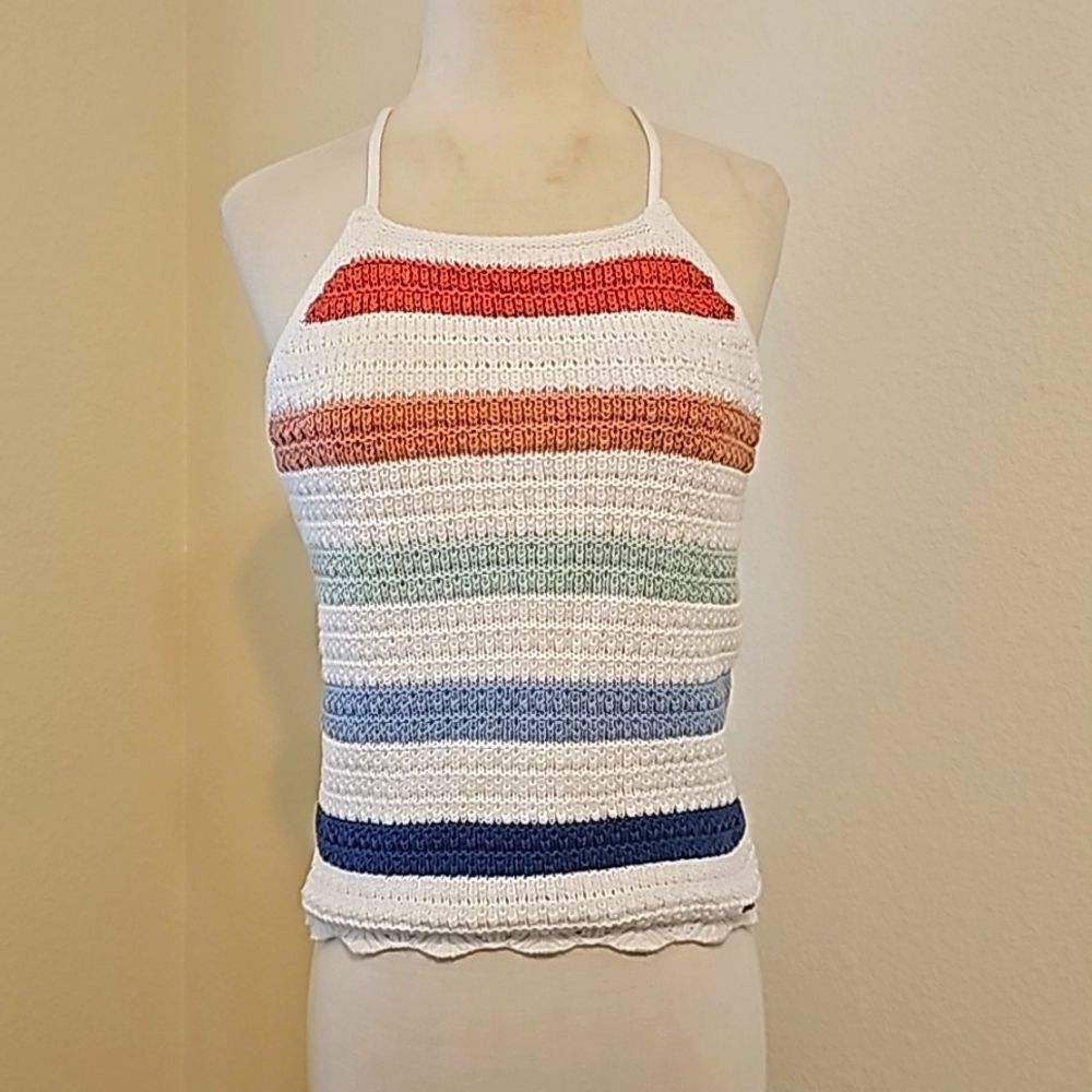 Hollister Knit Crochet Stripe Halter Cotton Tank Tied Back Size medium